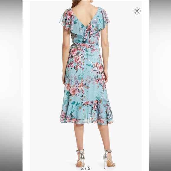 Eliza J Floral Ruffle Trim Calf Midi Dress 2 Mint - Picture 3 of 12